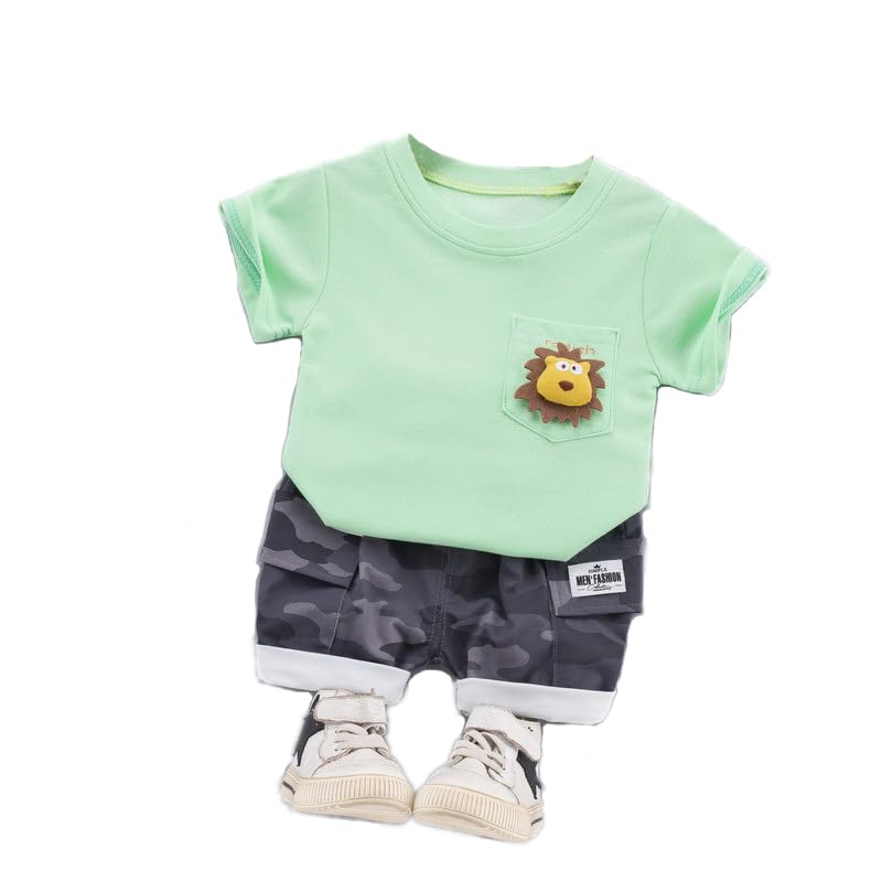 Bold N Elegant Unisex Kids Cotton Printed Furious Cartoon Lion 3D Soft Plush Patch Attach Half Sleeve Tshirt with Camouflage Shorts Knicker Summer Clothes Dress