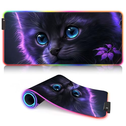 Tapis de souris RGB chat violet XXL tapis de bureau 14 modes LED grand format pour PC portable
