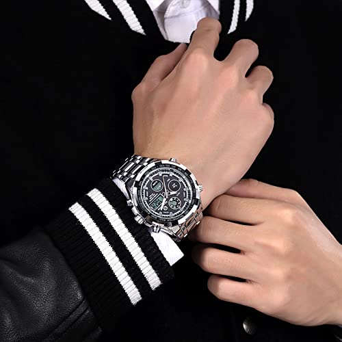 GOLDEN HOUR Luxury Stainless Steel Analog Digital Watches for Men Male Outdoor Sport Waterproof Big Heavy Wristwatch
