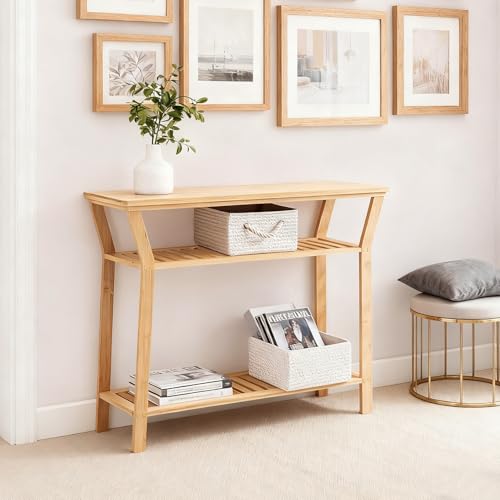 Nnewvante 38.6' Console Table, Bamboo Entryway Table with 3-Tier Storage Shelves, Narrow Sofa Table,...