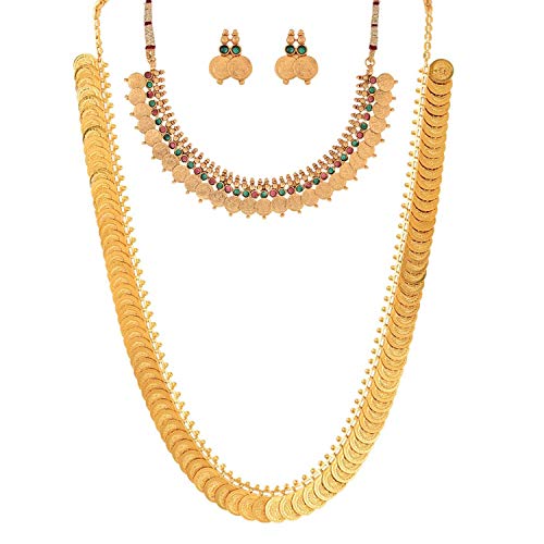 ZENEME Jewellery Set Gold Plated Traditional Temple Coin Maharani Necklace Set & Red Green Temple Coin Necklace Set With Earring Jewellery For Women and Girls