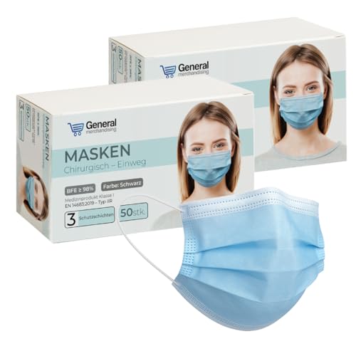 general merchandising Chirurgische Maske blau - 100 Stück Einwegmaske hellblau Typ IIR - medizinische OP-Maske 3-lagig mit hoher Filterleistung BFE 98%