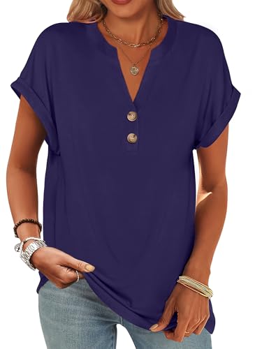 Image of ANRABESS Womens Short Sleeve Henley Tops V Neck Dressy Casual Blouses Summer Trendy Tee Shirts 2026 Vacation Fashion Clothes
