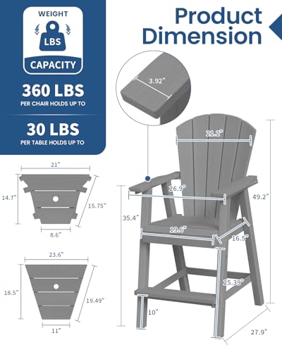 Ciokea Tall Adirondack Chairs Set of 2, HDPE Outdoor Adirondack Bar Stools with Double Connecting Tray, Weather Resistant High Back Adirondack Balcony Chairs for Deck, Lawn, Pool, Backyard, Grey - Thumbnail 2