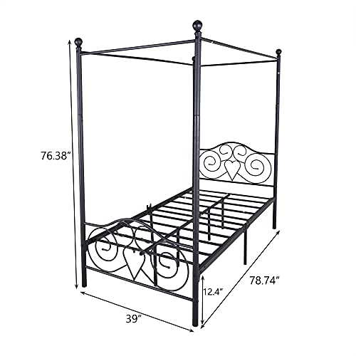 Nishore Metal Canopy Bed Frame With Vintage Style Headboard & Footboard Sturdy Steel Holds 400Lbs Perfectly Fits Your Mattress Easy Diy Assembly All Parts Included, Twin Black #TOP2
