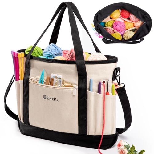 Image of MYBAGZING Canvas Yarn Storage Organizer Bag Washable Crochet Bag with Pockets for Yarn, Hooks, Needles - Travel Knitting Tote for Crafters - Gift for Crocheters & Knitters (Medium /Large)