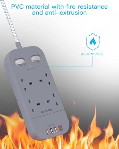 4 Way Surge Protected Extension Lead with USB Slots, HANYCONY Extension Cable with Double Switches, Plug Extension Socket 1.8M Braided Extension Cord for Home Office Accessories, Gray - View 7