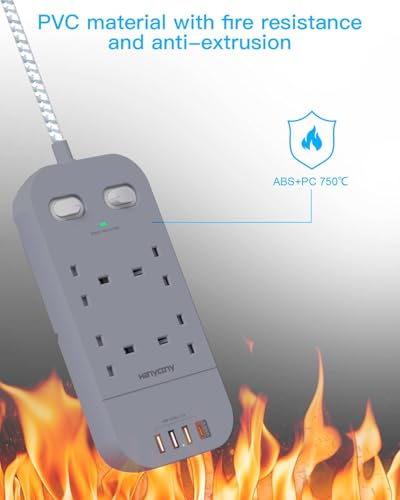 4 Way Surge Protected Extension Lead with USB Slots, HANYCONY Extension Cable with Double Switches, Plug Extension Socket 1.8M Braided Extension Cord for Home Office Accessories, Gray - Image 4