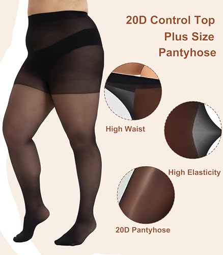 CozyWow Plus Size Pantyhose for Women, 20D Ultra Thin Control Top Sheer Tights High Waist with Reinforced Toe4