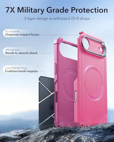 Image of ESR for iPhone Air Case with Stand, 23ft Military-Grade Drop Protection, Camera Control, Shock-Absorbing iPhone 17 Air Rugged case, Compatible with MagSafe Accessories, Cyber Series, Pink
