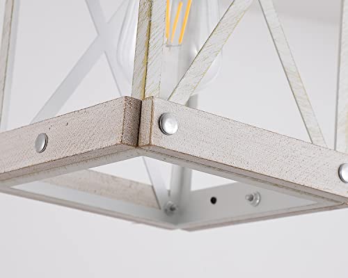 Fivess Lighting Modern Farmhouse Antique White Distressed Pendant Light With Wood And Metal Cage, One-Light Adjustable Chains Rustic Mini Pendant Lighting Fixture For Kitchen Island Cafe Bar thumb #5