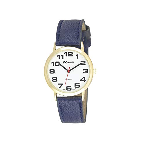 Ravel   Reloj Unisex de Correa de fácil Lectura con números Grandes   Azul/Tono Dorado/Esfera Blanca