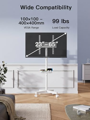 Image of PERLESMITH Rolling White TV Stand for 23-65 Inch TVs up to 99 lbs, Portable TV Stand on Wheels with Height Adjustable Shelf, Outdoor Mobile White TV Cart for Bedroom, Max VESA 400x400mm, PSTVMC04W