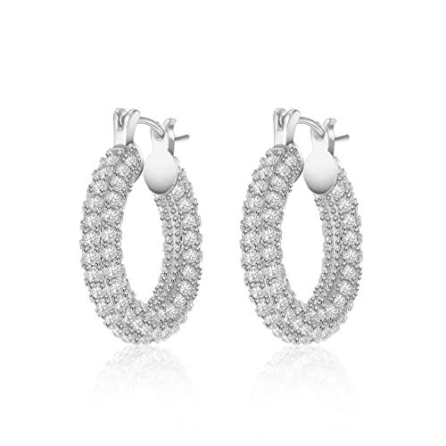 Chunky Hoop Earrings For Women Girls Cubic Zirconia Huggie 14K Gold Plated Hoop Earring Hypoallergenic Rhinestone Crystal Party Gift Dainty Cute Minimalist Jewelry (Silver) #TOP5