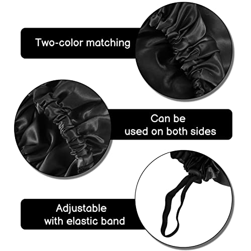 Fuyamp 2 Packs Satin Sleep Cap Shower Cap,Adjustable Silky Sleep Bonnet for Women Long Curly Hair Double-Sided Waterproof Satin Bath Cap Hair Cap for Women Sleeping Bathing(Black+Lake Green) - Image 4