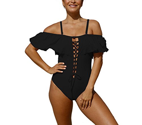 Asskyus Bañador de una Pieza para Mujer Bare Hombro (XL, Negro)