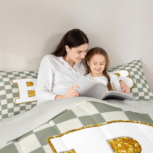 Image of Erosebridal Sage Green Checkered Bedding Set Twin Plaid Initial B Comforter Set for Kids Adults Personalized Monogram Down Comforter,Fashion Grids Gingham Quilt Duvet