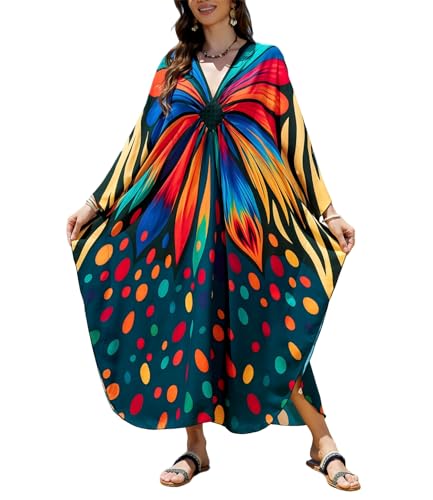 Image of IMAGEKOPE Women's Plus Size Animal Print V-Neck Batwing Kaftan Beach Dress Bathing Suit Cover-Up Loungewear