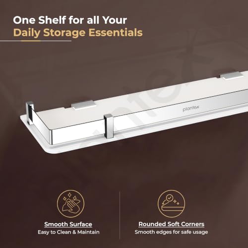Image of Plantex Acrylic Shelf for Bathroom /Living Room Wall Mounted Shelf with Silver Railings - Bathroom Accessories (White, 18x6 inches)