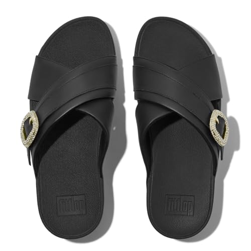 Image of FitFlop Lulu Crystal-Buckle Leather Cross Slides