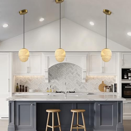 Sucelating YUNSHI-001 Natural Alabaster Pendant Lights Kitchen Island, Marble Layered Splicing Unique Shade D-5.9In Brass Canopy thumb #2