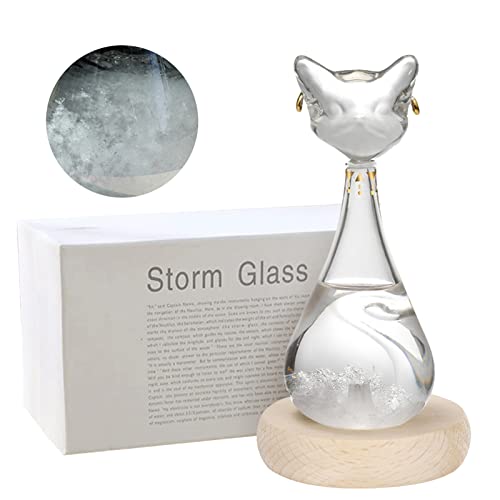 Sturmglas Wettervorhersage in Katzenform mit Holzsockel Wetterglas Weiße