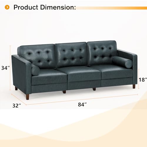 Image of 84 Inches Modern Faux Leather 3-Seat Sofa w /2 Bolster Pillows & Tufted Backrest, Mid-Century Couch, Premium 3 Seaters Sofa for Living Room, Bedroom, Office, Blue