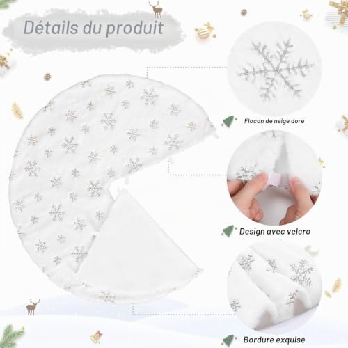 Jupe pour Sapin de Noël, Diamètre 90CM, en Peluche Douce Blanche, décorée de Flocons Neige argentés, pour décorer Le Sapin de Noël et Les fêtes de Fin d'année (épaisseur Plus) – vue 3