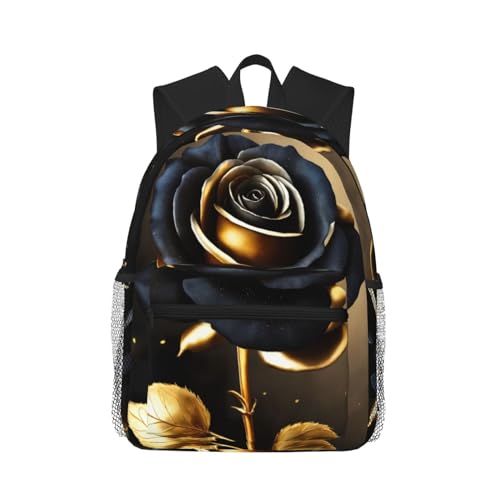 Sac à dos ordinateur imprimé fleurs noires et dorées pour voyage et travail