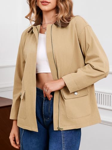 Tankaneo Womens Oversized Barn Jacket Zip Up Military Safari Jackets Fall Color Block Vintage Trench Coat with Pockets2