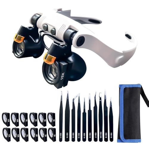 Lupenbrille Mit 2 LEDs, 21 Vergrößerungskombinationen Bis Zu 25x Vergrößerungsbrille Mit 10 Professionellen Antistatischen ESD-Pinzetten Für Uhrenreparatur, Elektronikreparatur Und Schmuckinspektion