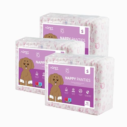 Aqpet Pannolini Igienici Mutanda Assorbente per Cani Femmine per Ciclo Incontinenza con Chiusura Adesiva Regolabile, Anti odore, Usa e getta, Taglia Small 370x275mm, Confezione da 30 Pezzi