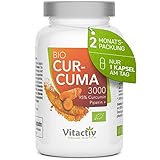 VITACTIV Bio Curcuma 3000 - Bio Kurkuma Kapseln Hochdosiert - Curcuma Extrakt mit 95% Curcumin - Piperin für Hohe Bioverfügbarkeit - Ohne Magnesiumstearat, Vegan - 60 Curcuma Kapseln (für 60 Tage)