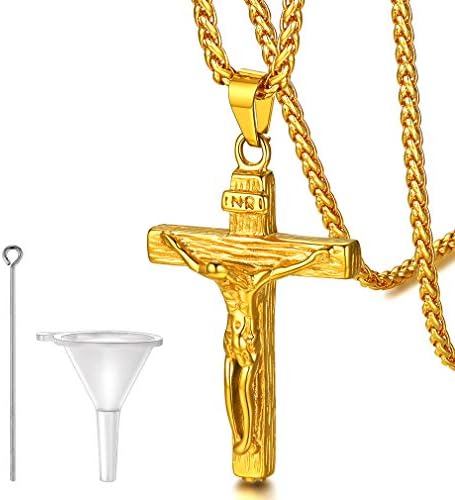 FaithHeart Engraving Cross Cremation Necklace for Men Crucifix INRI Keepsake Pendant Stainless Steel Angel Wings Ashes Urn Waterproof Jewellery