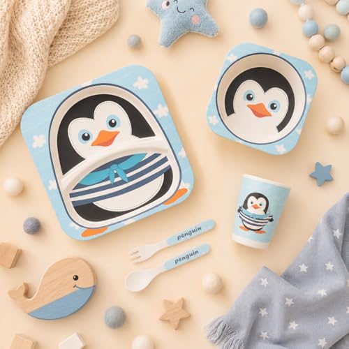 Image of Bamboo Kids Feeding Set of 5|Kids Crockery Set Tableware |Baby Utensils and Dishes Set | Eco-Friendly |Organic & Natural (Plucky Peguin)