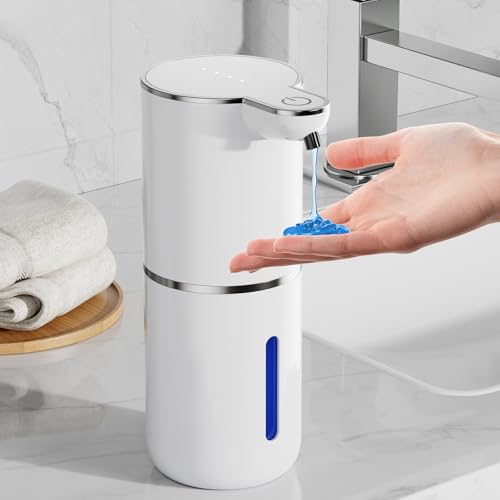 Fantictas Automatischer Seifenspender, elektrischer Flüssigseifenspender, USB wiederaufladbar, 4 Stufen verstellbar, 380 ml Wandhalterung, geeignet für Badezimmer/Küche/Geschirrspülmittel, Weiß