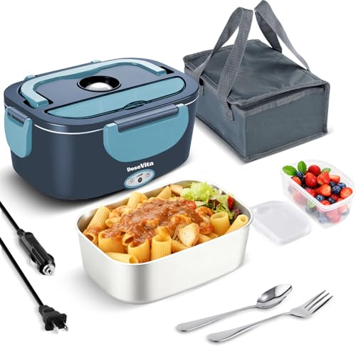 Dosevita Electric Lunch Box for Adults, 80W Heated Lunch Box, 1.5L Stainless Steel Container | 12V/24V (Car/Truck) & 110V (Office/Home) | with Fork&Spoon and Insulated Carry Bag