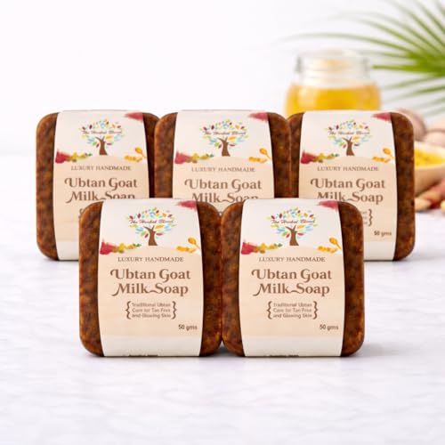 Image of Luxury Handmade Ubtan Goat Milk Soap, Saffron, Neem, Sandalwood & Rose Petals, Traditional Care for Tan Removal, Deep Cleansing and Glowing Skin, 50 gms, Pack of 5