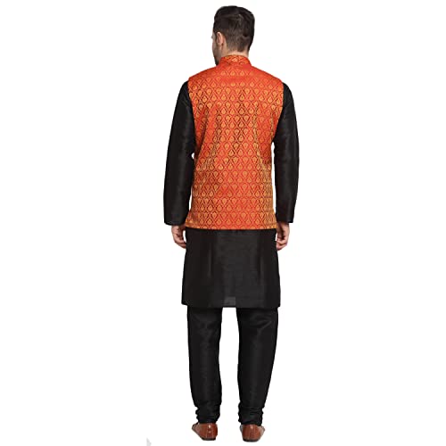 Image of KRAFT INDIA Mens Gold Silk Blend Kurta and Churidar Set With Jacquard Paisley Nehru Jacket