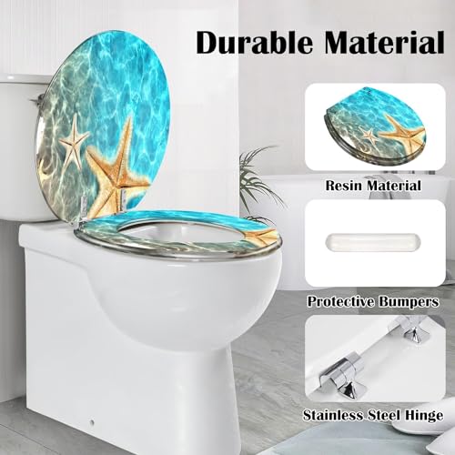 Round Toilet Seat Starfish seashell summer beach sea water Summer Resin Toilet Seat Slow Quiet Close with Quick-Release Hinges Toilet Seat with Cover Easy to Clean Install - Image 5