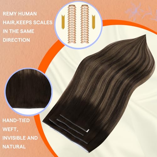 Image of Full Shine Tape in Weft Hair Extensions, Dark Brown Highlight Mix 22 Inch