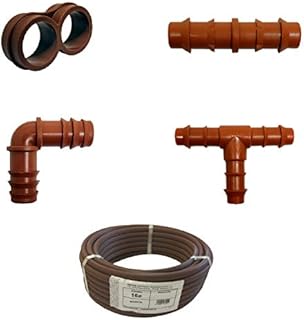 Pack RIEGO Tubería Lisa Marrón 16MM 100m + Accesorios de Goteo 16MM: 50 te + 50 Codo + 50 Enlace + 10 estrangulador. Color Marrón. Marca Riegopro