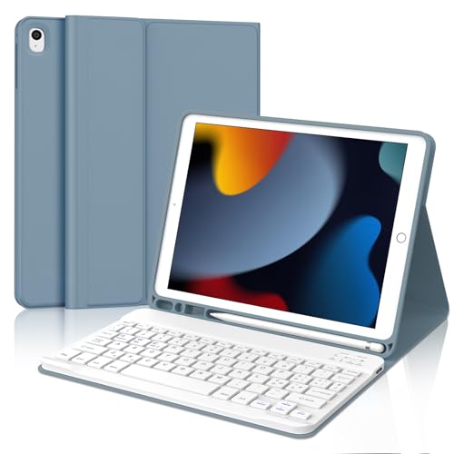 Custodia Tastiera per iPad 9a Gen 2021/8a Gen 2020/7a Generazione 2019 10.2'/iPad Air 3/Pro 10.5 2017, Cover Protettiva con Supporto per Apple Pencil, Tastiera Italiana Rimovibile per ipad, Blu-grigio