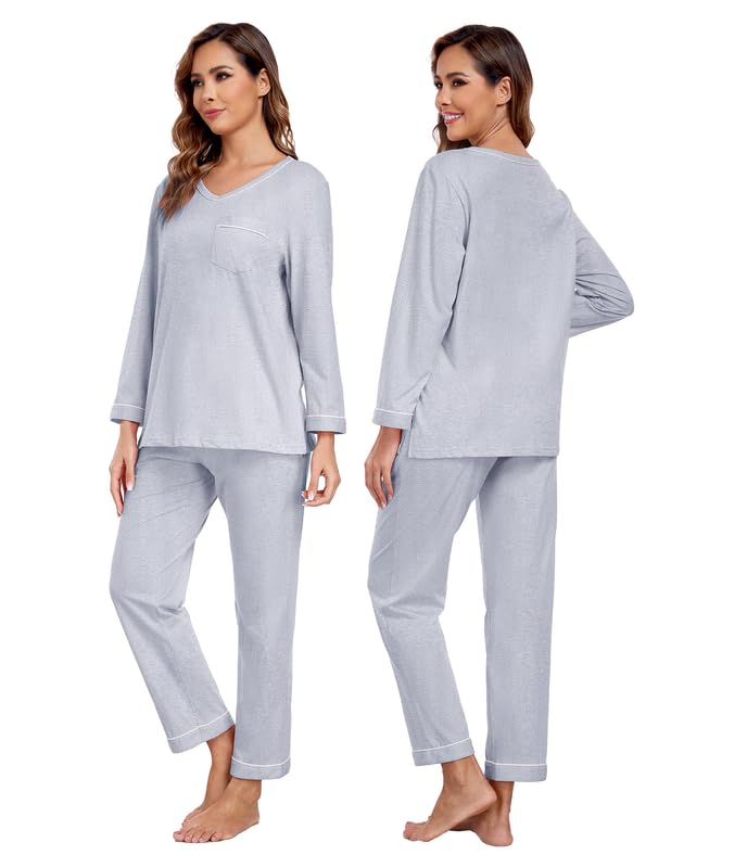 COLORFULLEAF Pijama para mujer 100% algodón largo pijama conjunto dos piezas otoño invierno pijamas manga larga traje de casa, gris, L