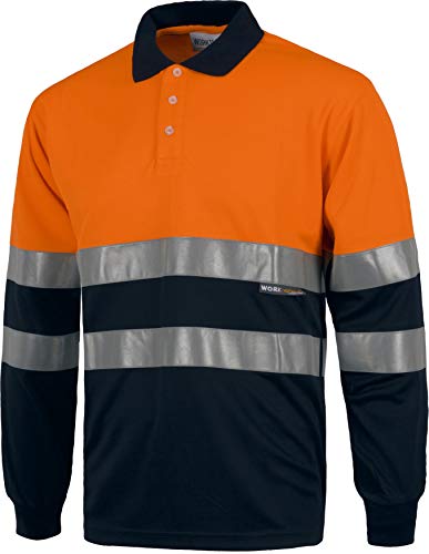 Work Team Polo Combinado Alta Visibilidad Manga Larga, Cintas Reflectantes Torso y Mangas. EN ISO 20471:2013 Hombre Naranja A.V.+Marino Medium