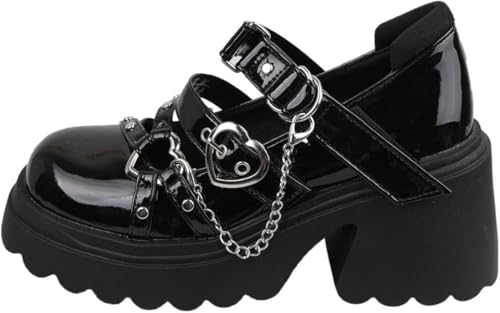 Womens Goth Platform Mary Janes Heels Buckle Chain Punk Ankle Cute Punk Emo Lolita Shoes with Rivets Heart Chains