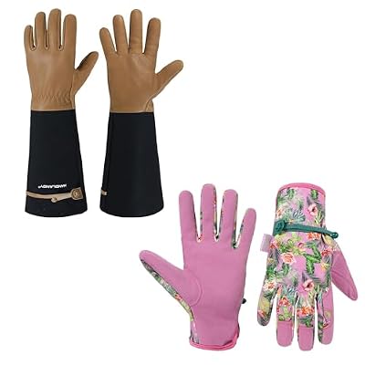 HANDLANDY Bundle - 2 Pairs of Long Gardening Gloves for Men & Women, Breathable Ladies Leather Garden Yard Gloves Best Gift for Gardeners