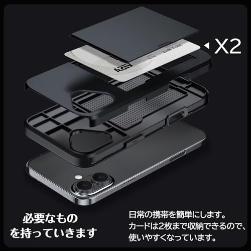 iPhone 16 ケース カード収納 背面 米軍MIL規格 耐衝撃最強 アイフォン16 ケース ICカード収納 落下防止 全面保護 指紋防止 滑り止め 擦り傷防止 ブラック