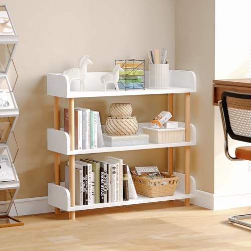 oneinmil 3-Tier Wooden Open Bookshelf, Modern Display Shelf with Standing Storage Rack, Multifunctional Bookcase for Home and Office, Living Room, Bedroom, Library (White, 3-Tier) - Thumbnail 6