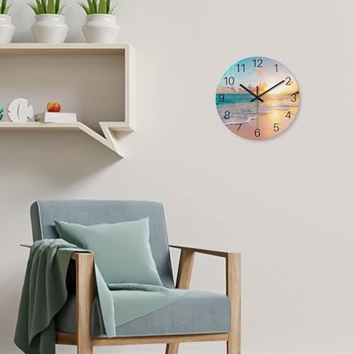 Constantplanet Beach Coastal Wall Clocks Battery Operated Analog Round Wall Clock for Living Room Decor 14 Inch Blue Glass Silent Wall Clock - Image 4